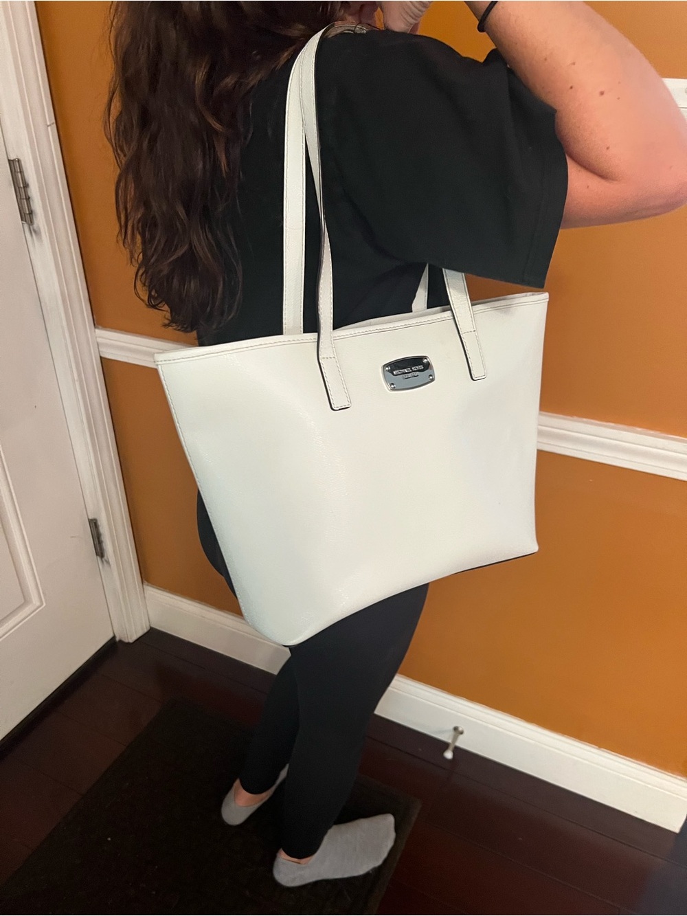 Michael Kors White Leather Tote with Logo Plaque